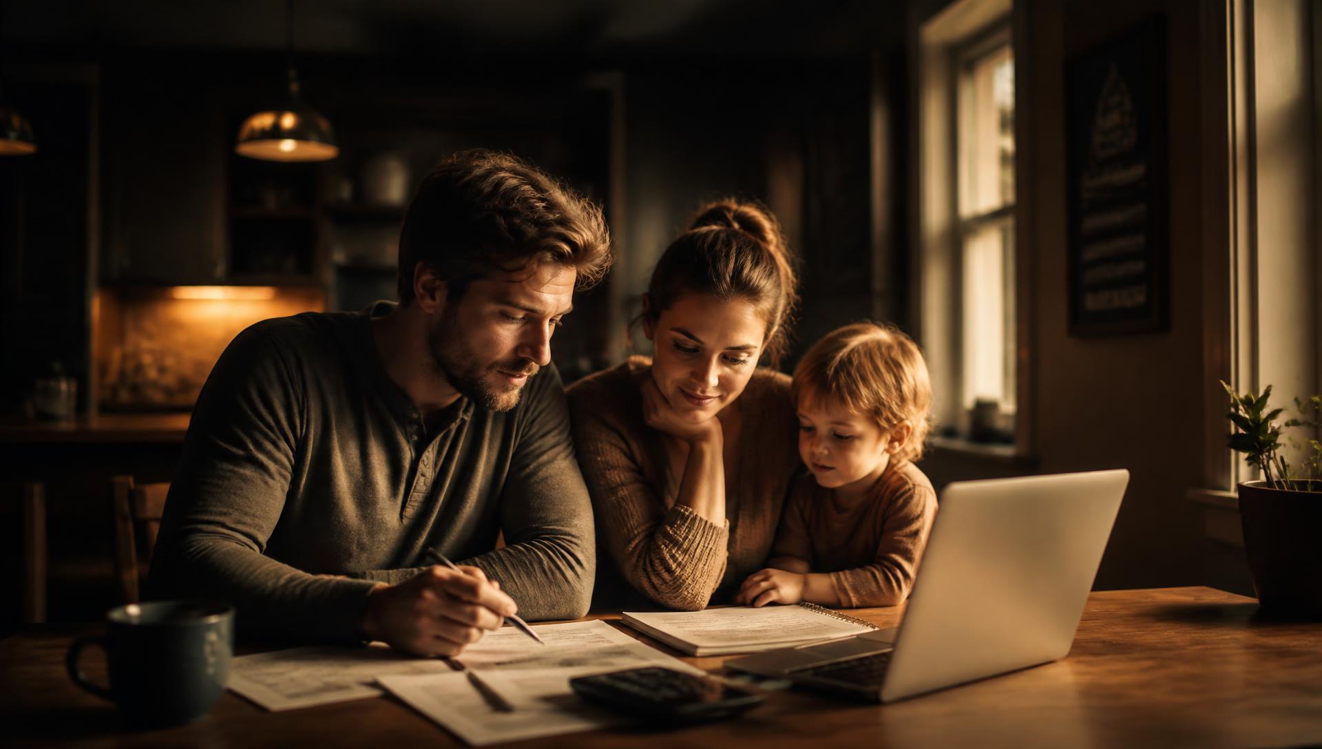 A family sitting together at their kitchen table planning their finances by warm evening light